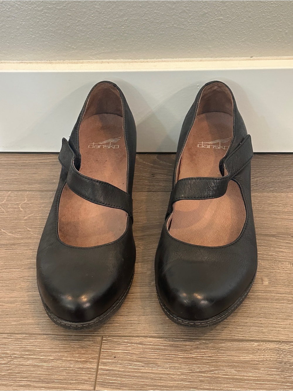 Dansko Black Leather Mary Jane Strap Flats